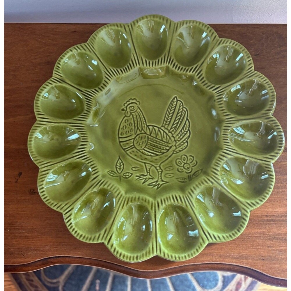 Vintage CALIF USA S29 Deviled Egg Plate Avocado Green Chicken Hen 1970s MCM